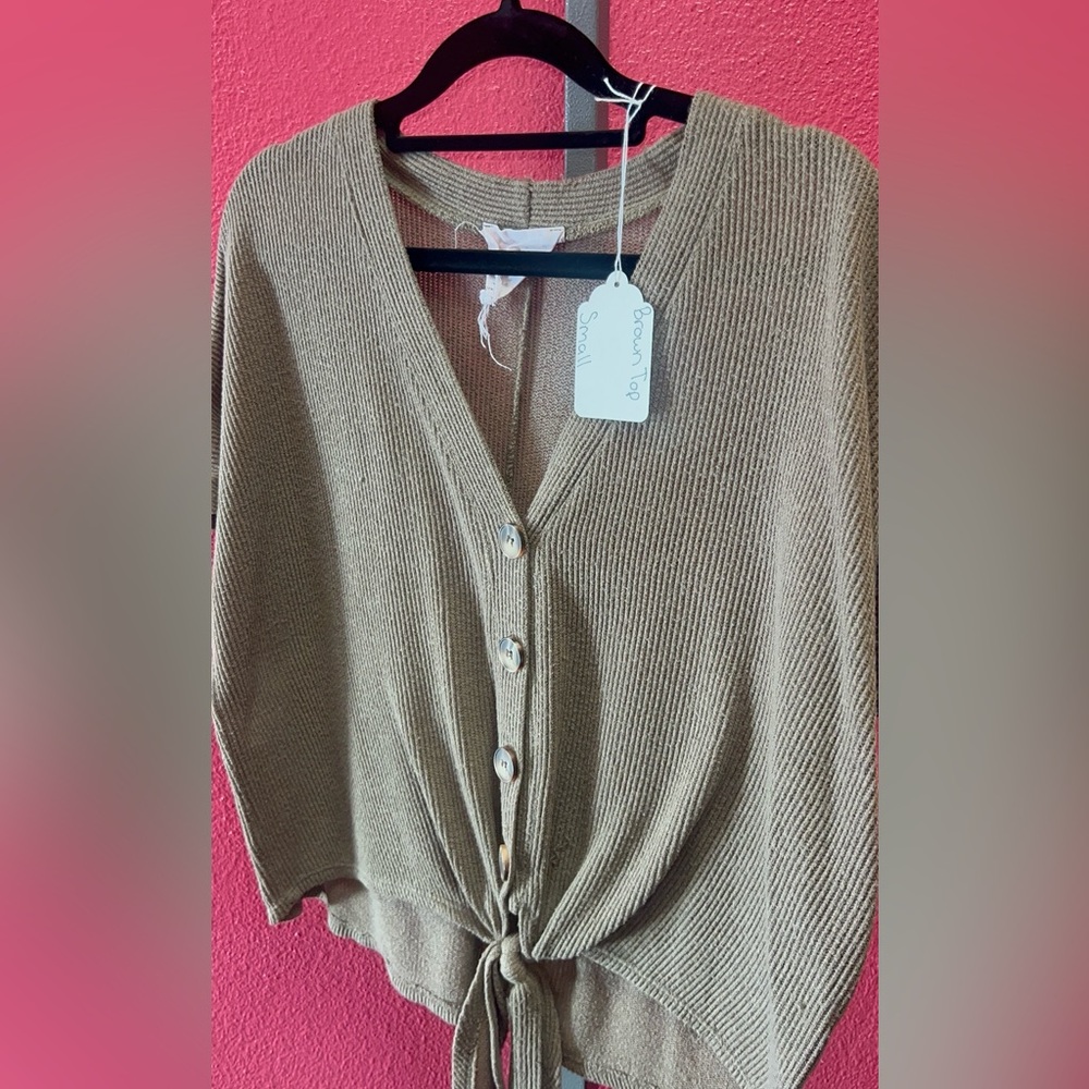 Love Tree Tan Knot-Front Ribbed Button Top - Picture 2 of 2